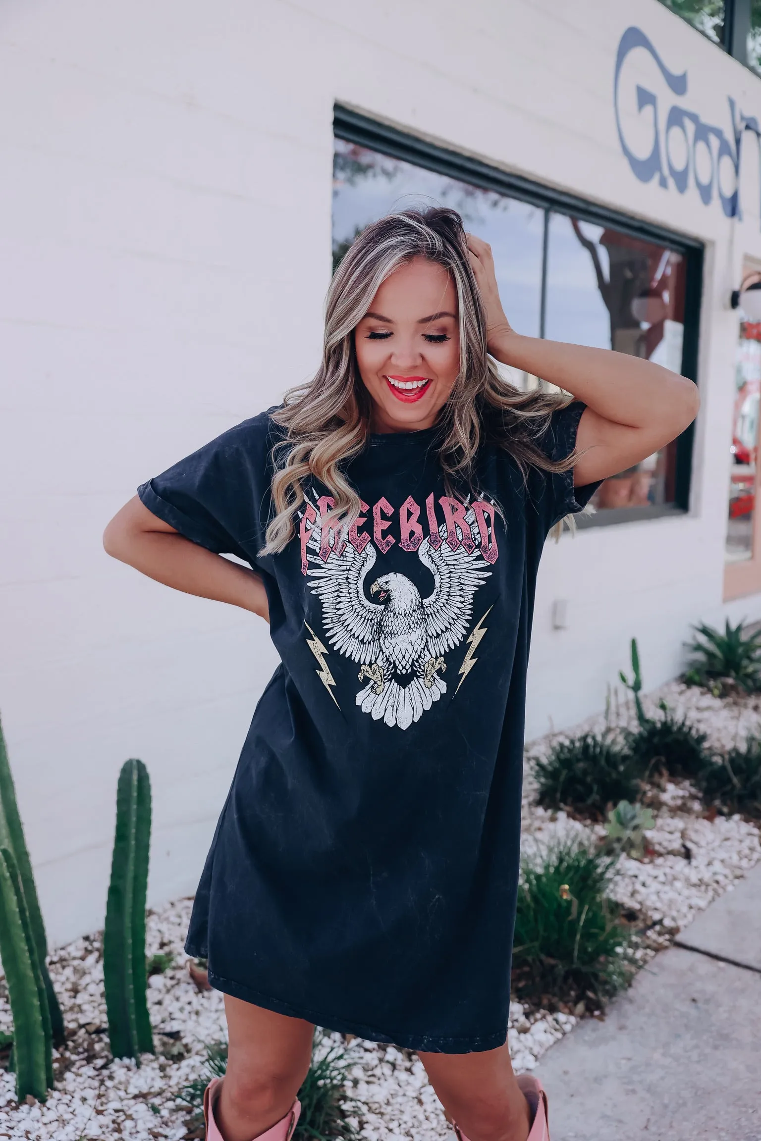 "Freebird" Eagle Graphic T-Shirt Dress - Mineral Black