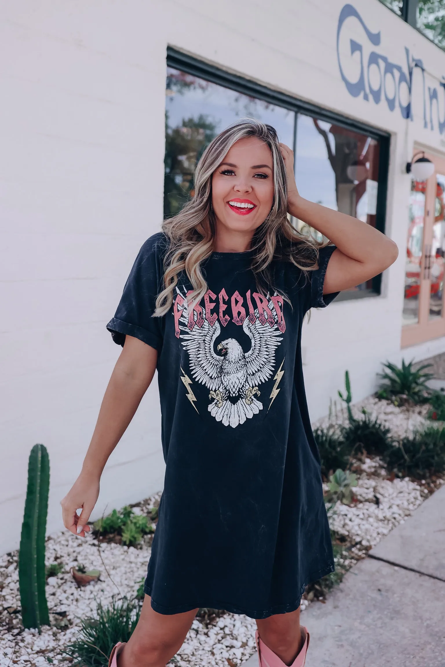 "Freebird" Eagle Graphic T-Shirt Dress - Mineral Black