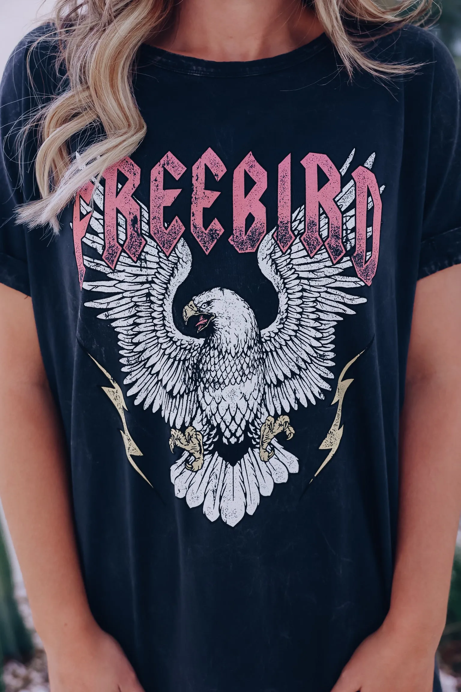 "Freebird" Eagle Graphic T-Shirt Dress - Mineral Black