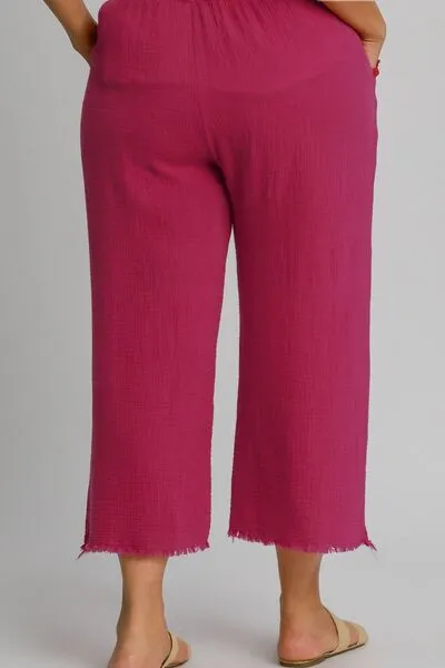 Raw Hem Elastic Waist Wide Leg Pants Plus Size