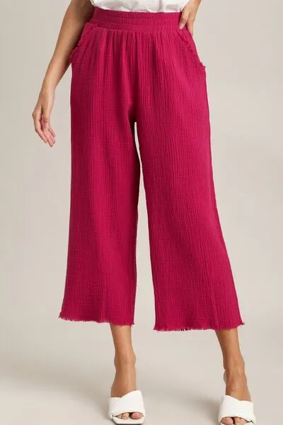 Raw Hem Elastic Waist Wide Leg Pants Plus Size