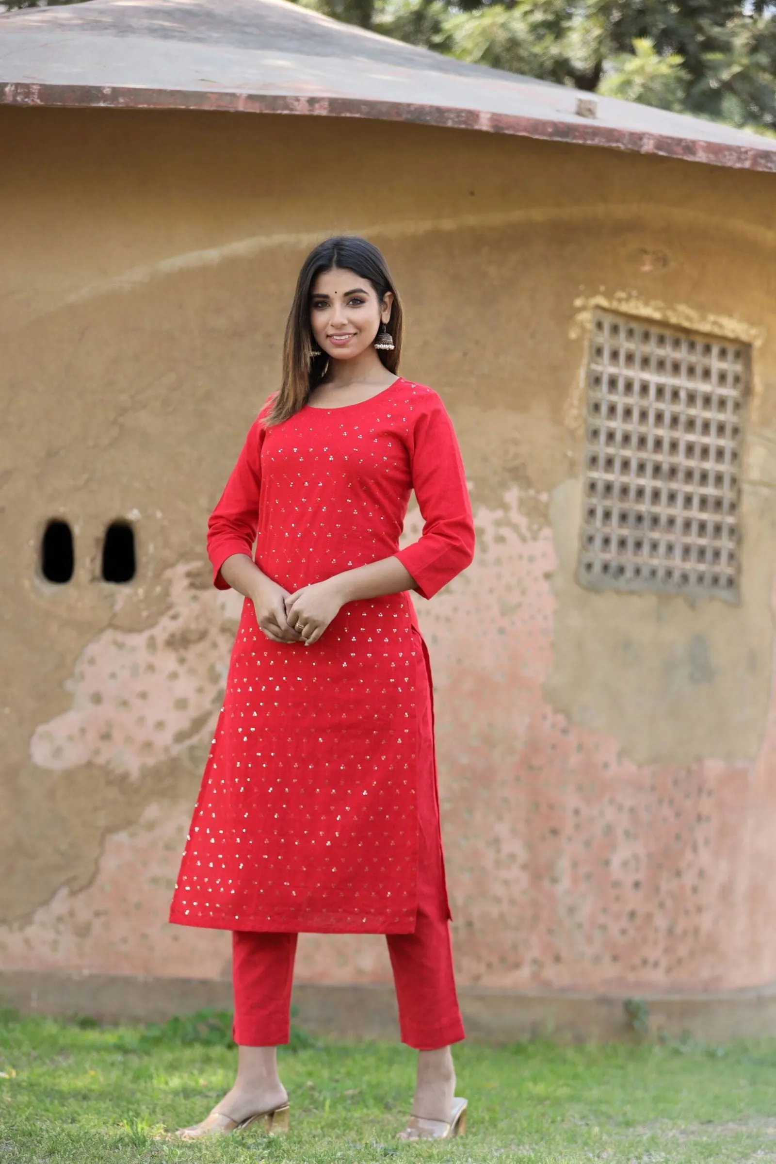 Red Solid Sequins Embellished Kurta Pant Set (pack of 2)
