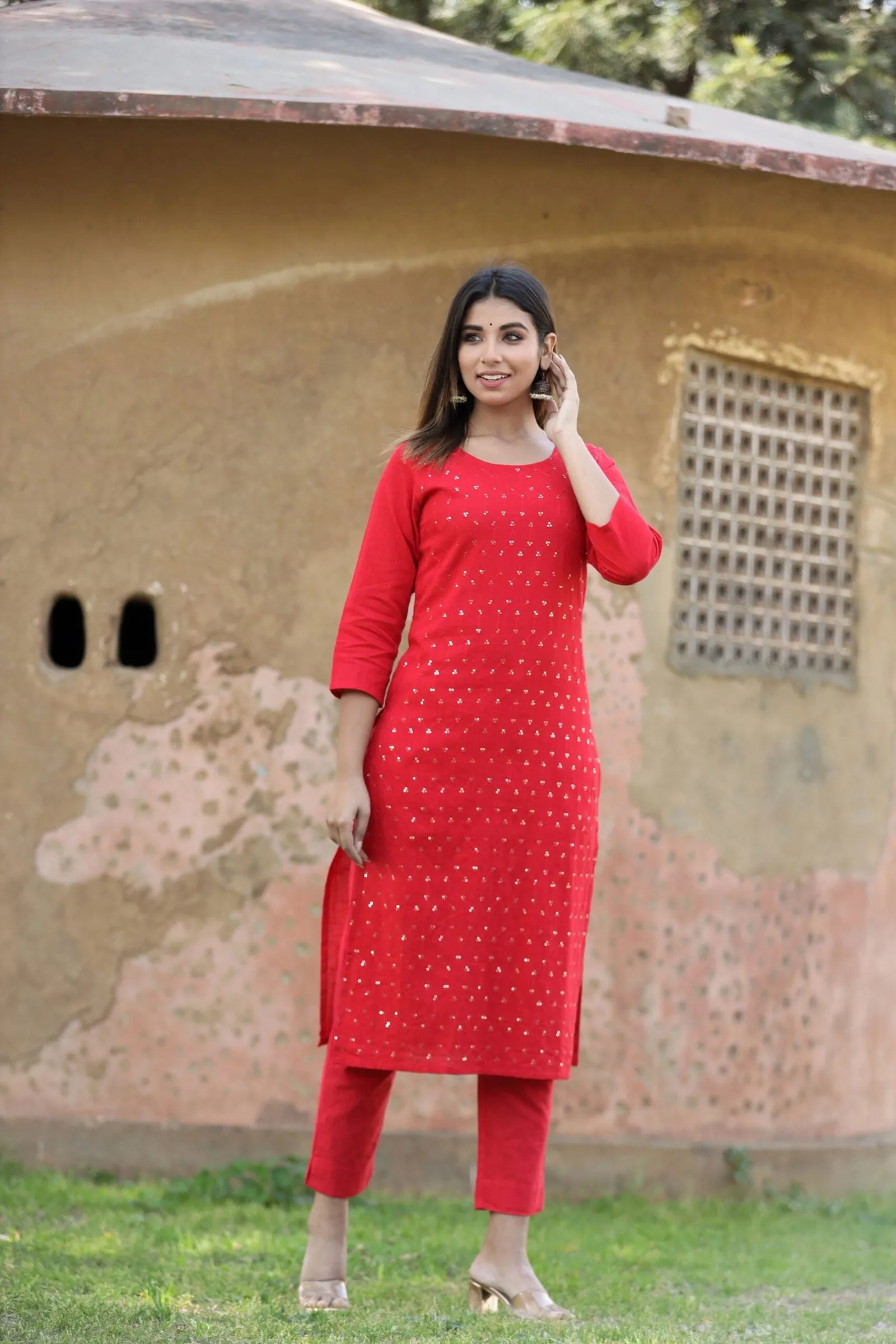 Red Solid Sequins Embellished Kurta Pant Set (pack of 2)