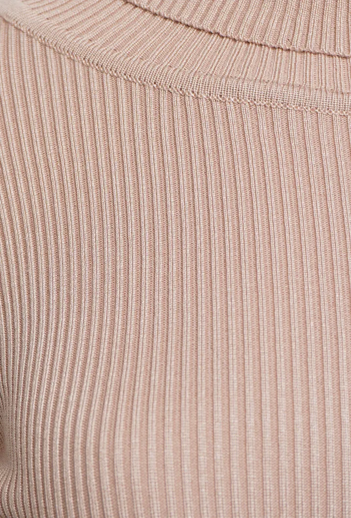 ROLL/POLO NECK RIBBED KNIT TOP - BEIGE