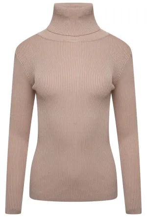 ROLL/POLO NECK RIBBED KNIT TOP - BEIGE