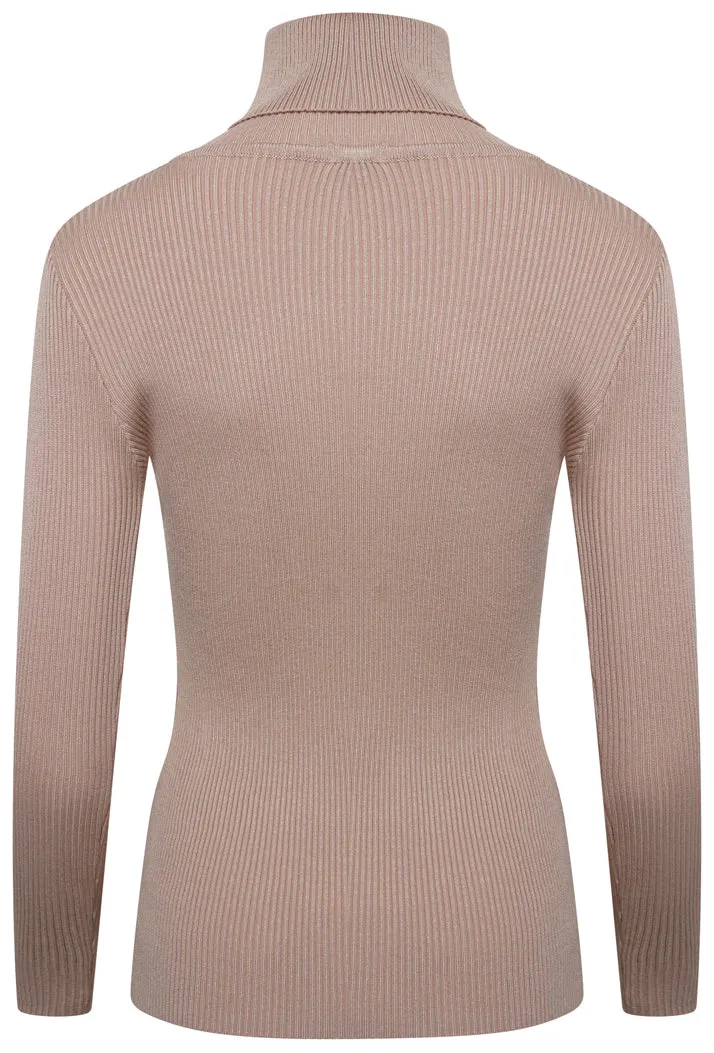 ROLL/POLO NECK RIBBED KNIT TOP - BEIGE