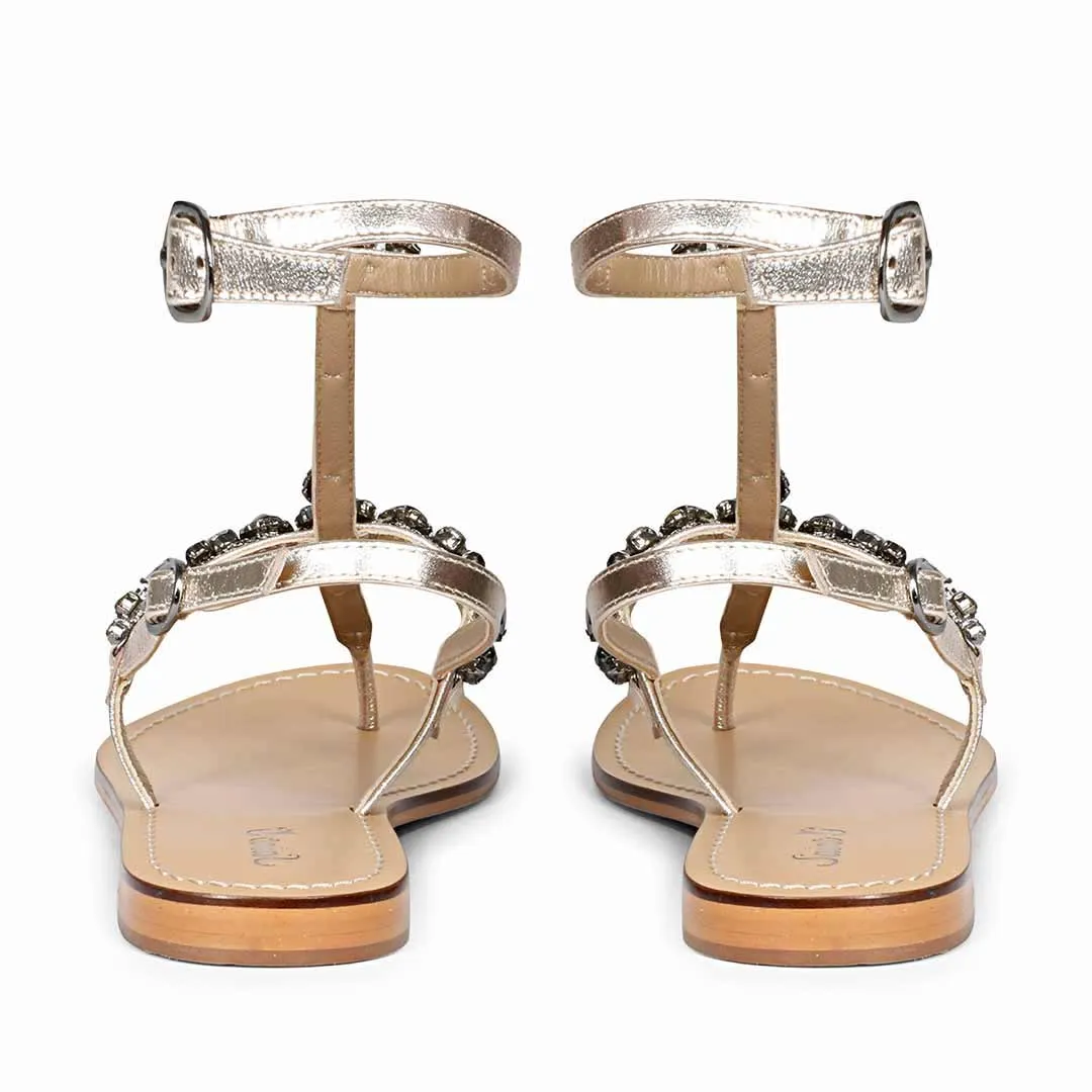 Saint Zuri Black Stone Embellished Platin Leather Flat Sandals