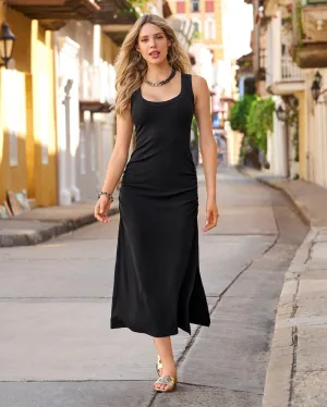 Scoop Neck Ruched Rib Knit Midi Dress Black
