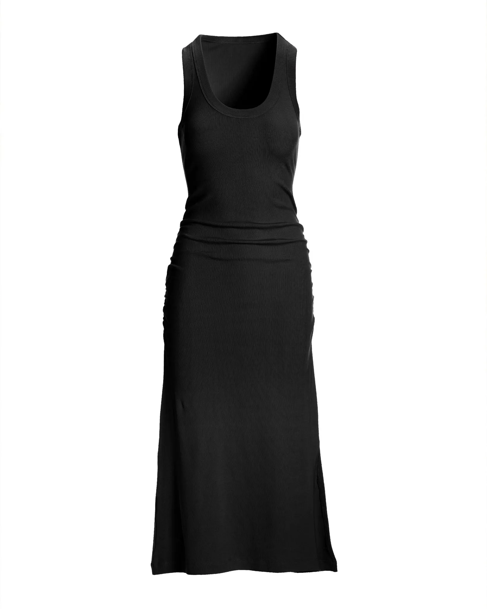 Scoop Neck Ruched Rib Knit Midi Dress Black