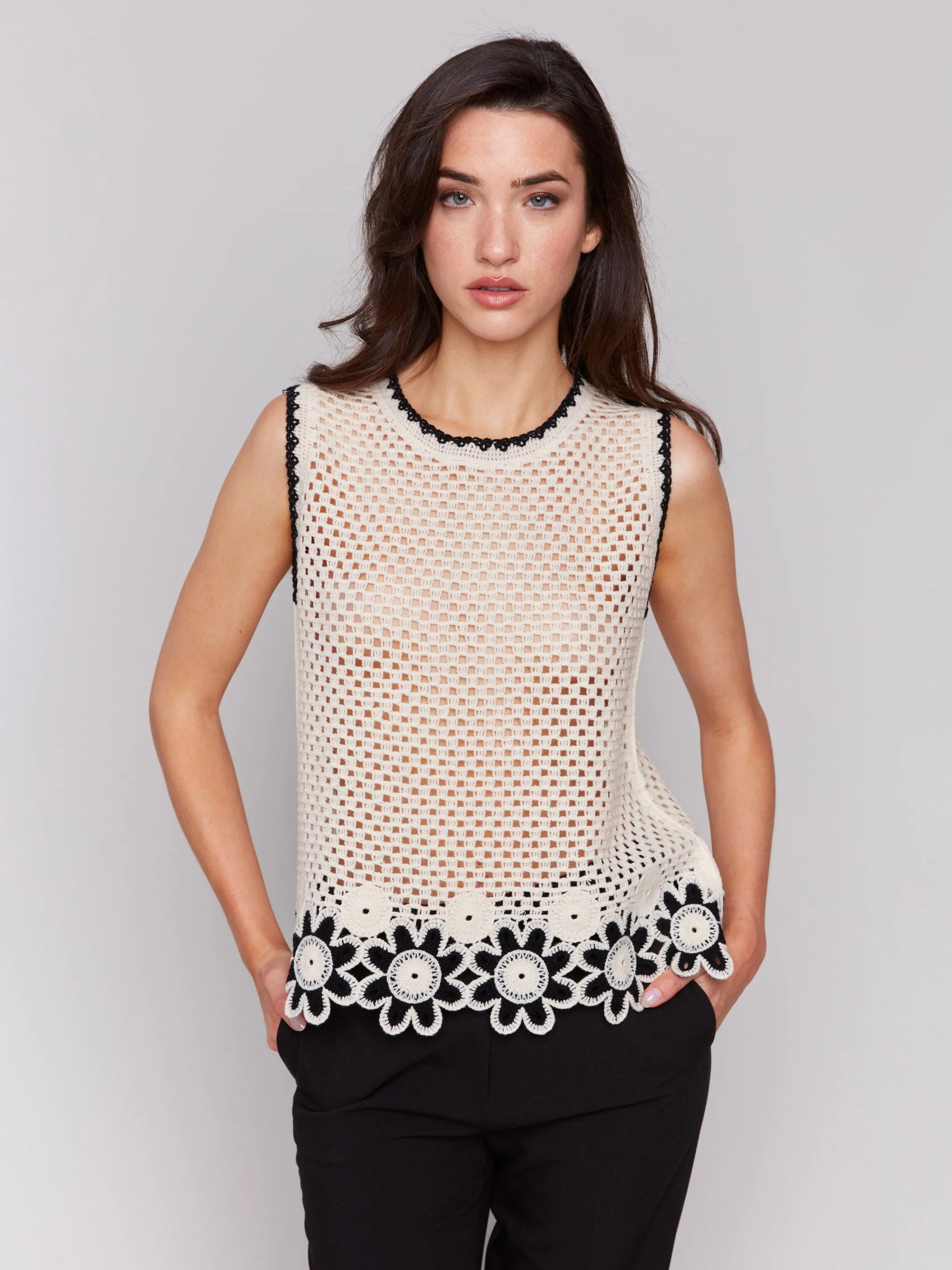 Sleeveless Floral Border Crochet Top - Natural