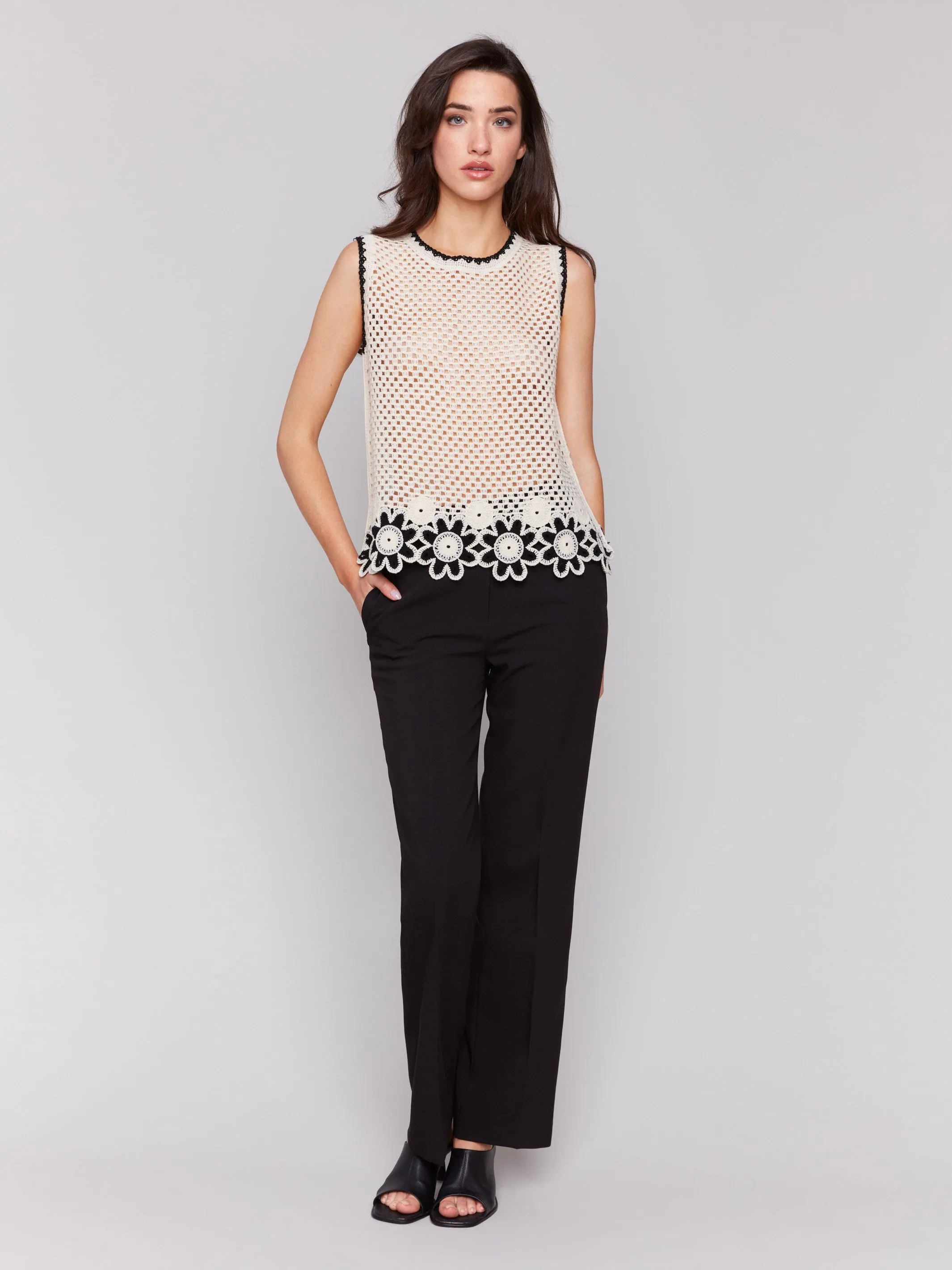 Sleeveless Floral Border Crochet Top - Natural