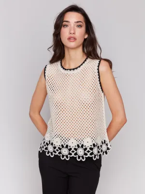 Sleeveless Floral Border Crochet Top - Natural