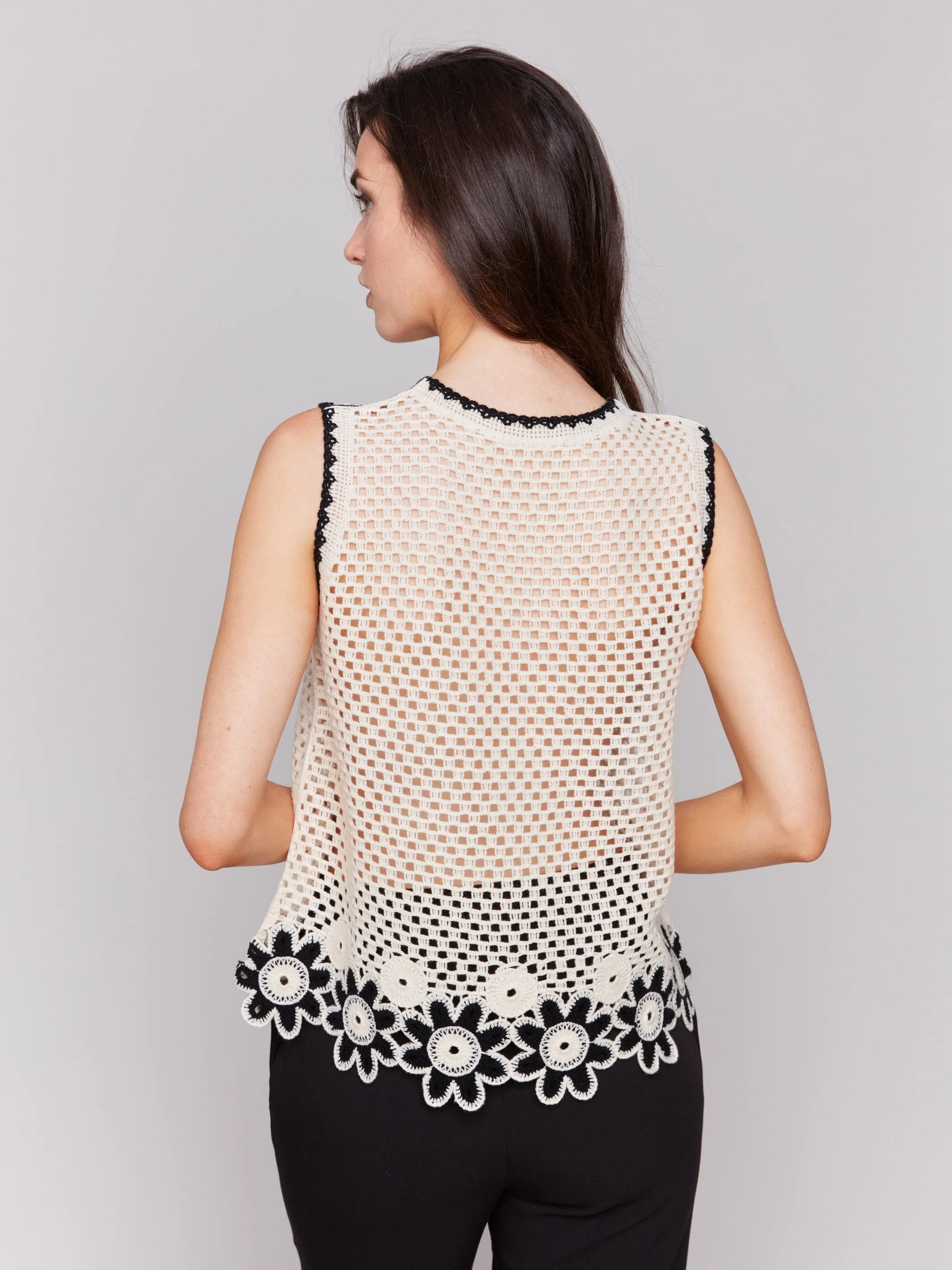 Sleeveless Floral Border Crochet Top - Natural