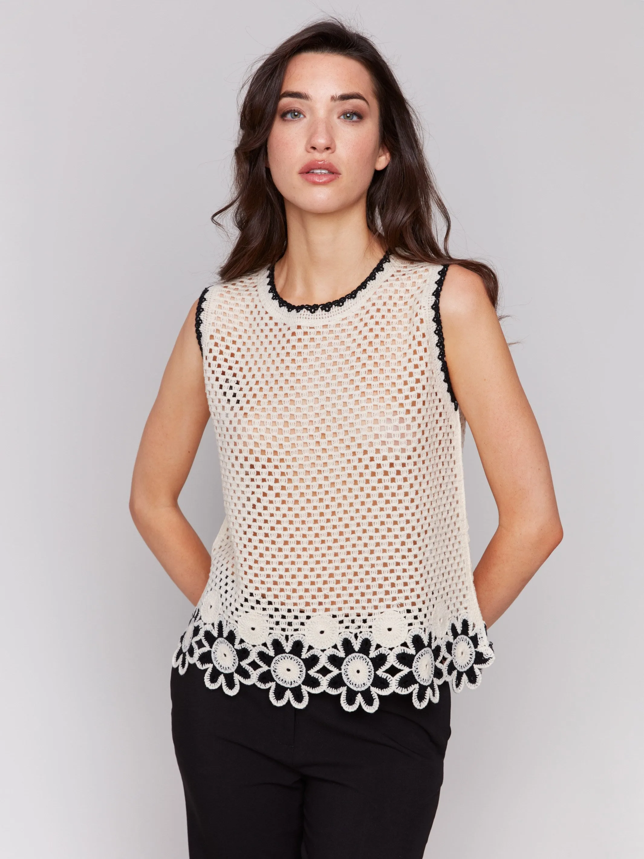 Sleeveless Floral Border Crochet Top - Natural