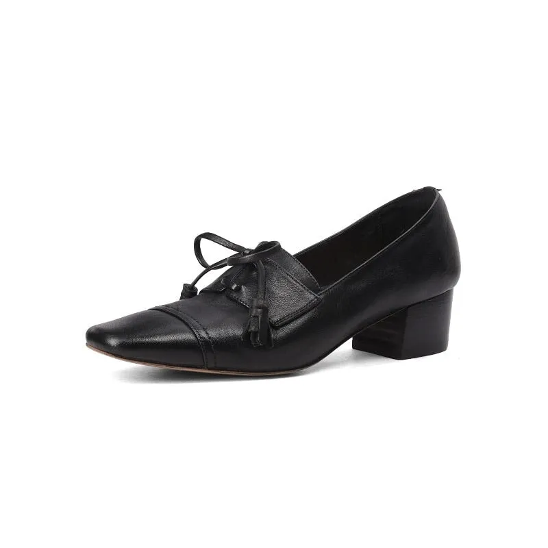 Square Toe 50mm Block Heel Horse Leather Loafers for Women With Bow in White/Black