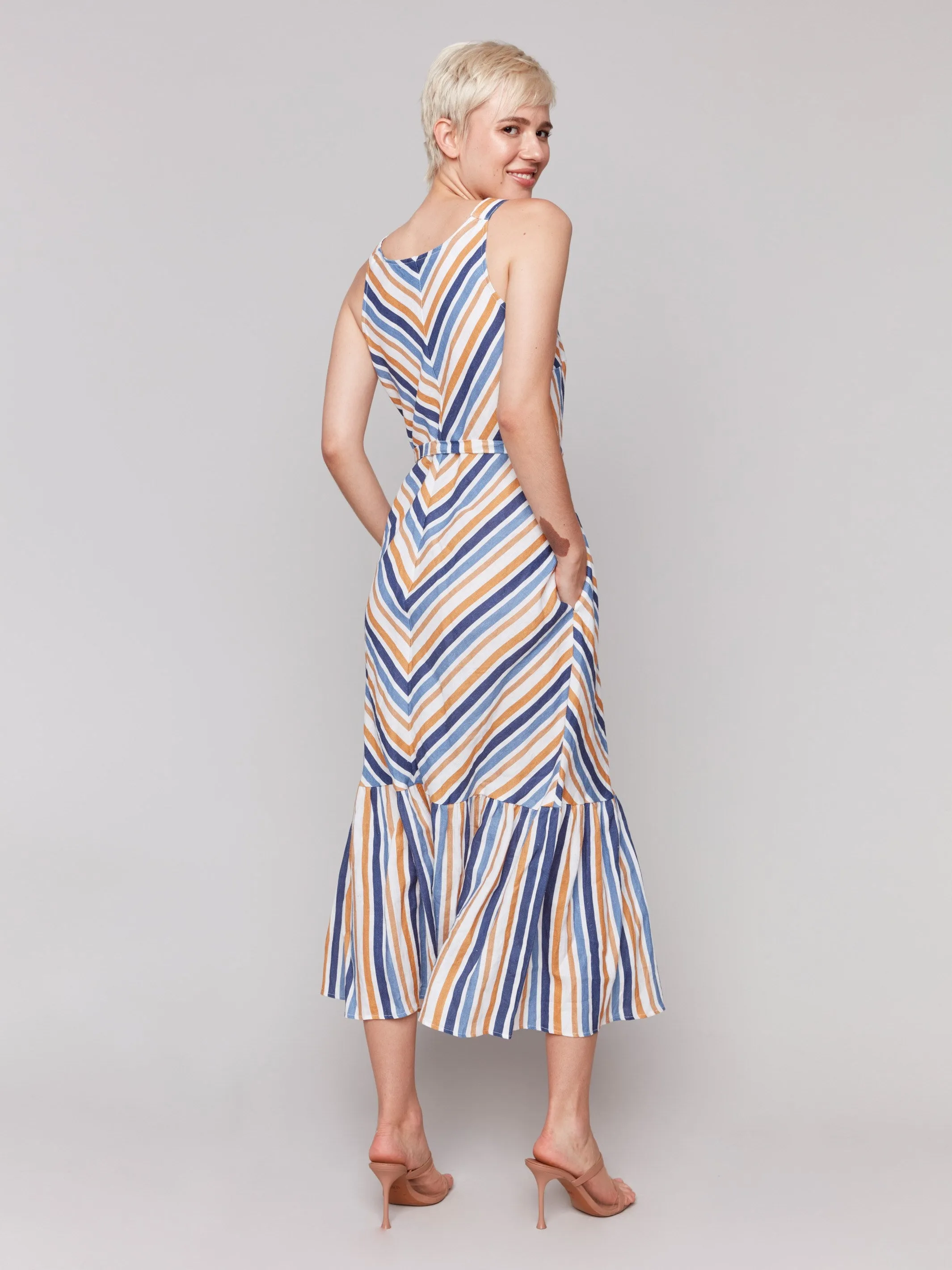 Striped Linen Blend Maxi Dress with Sash - Denim