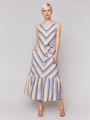 Striped Linen Blend Maxi Dress with Sash - Denim