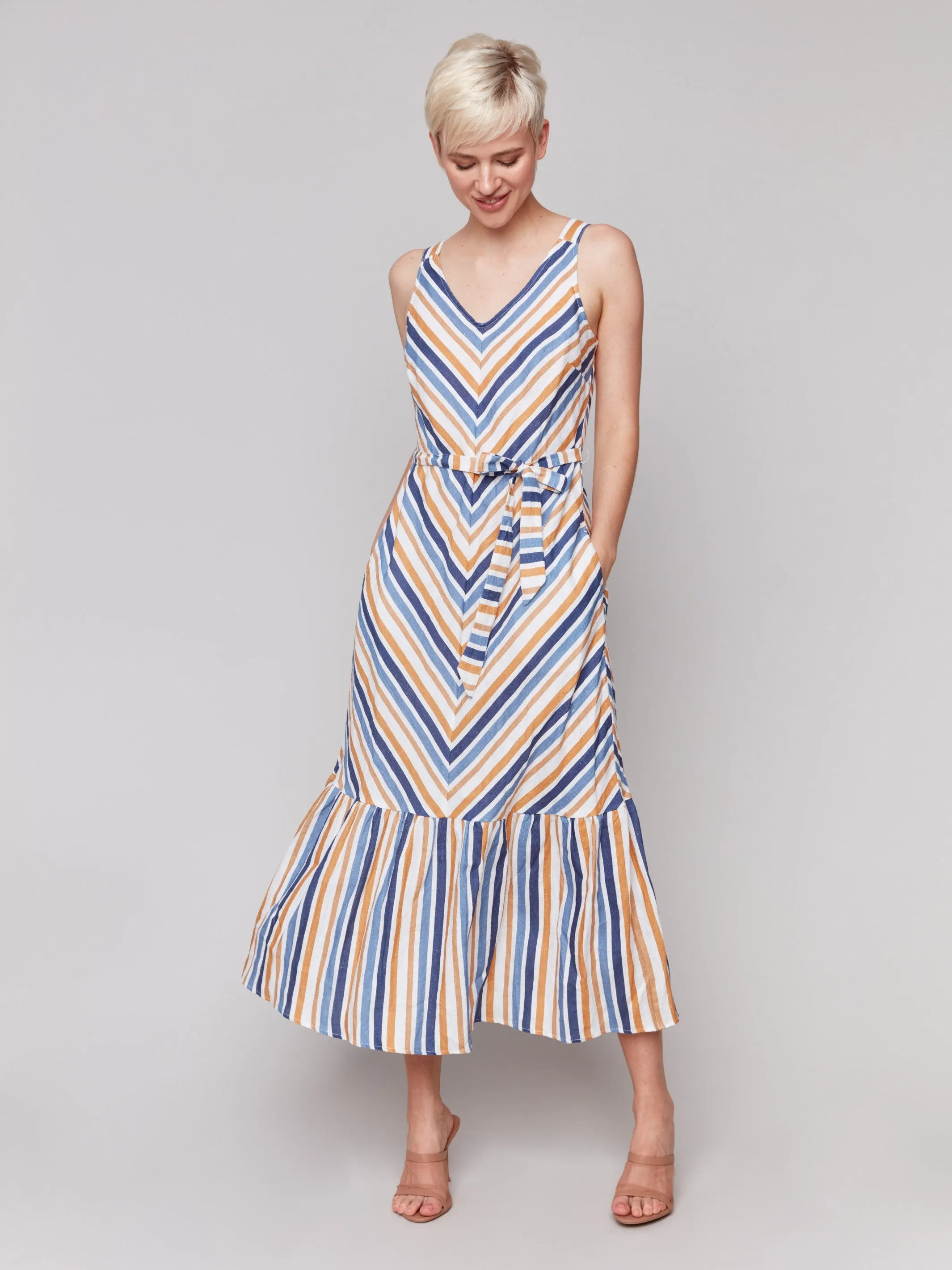 Striped Linen Blend Maxi Dress with Sash - Denim