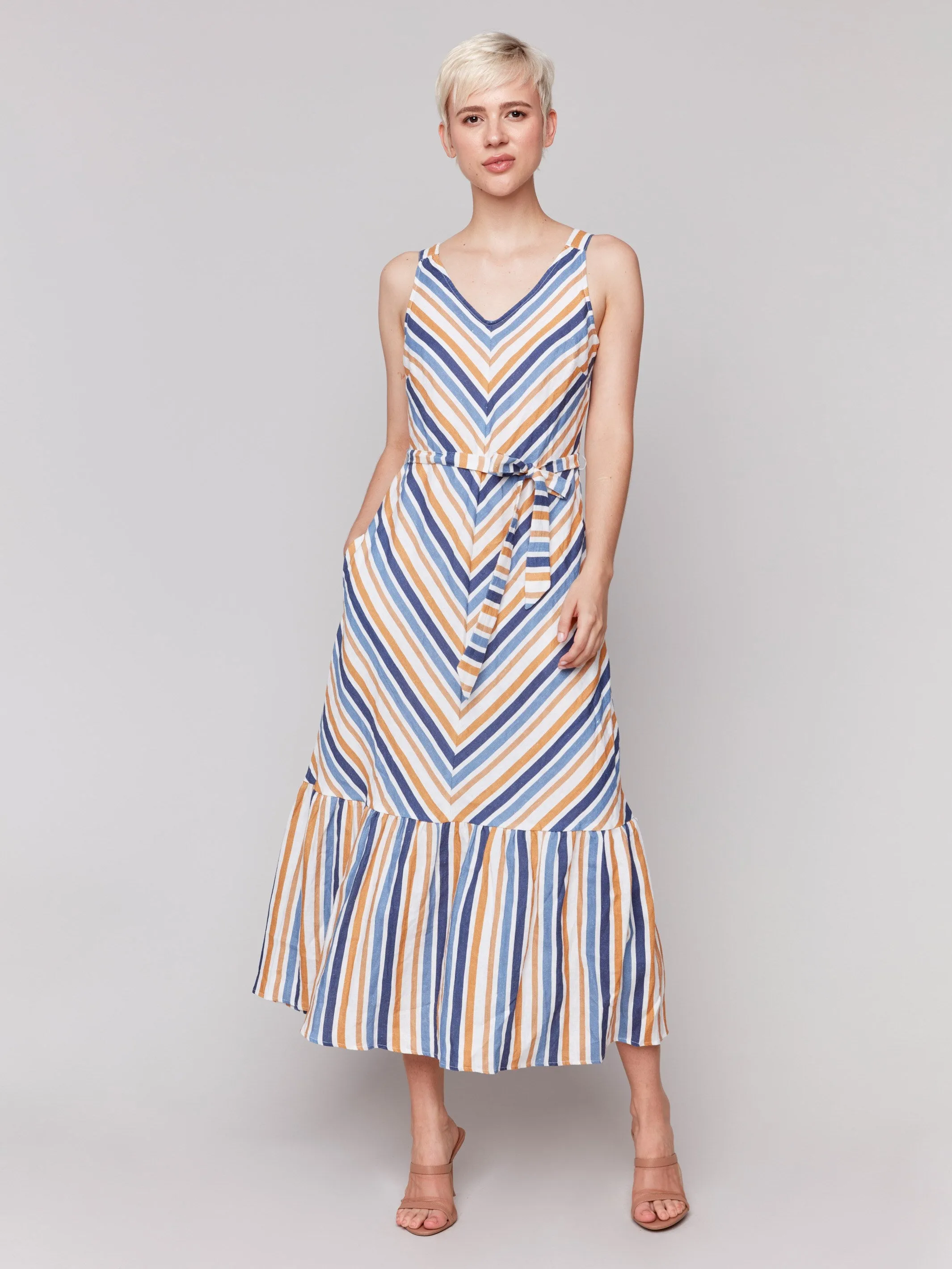 Striped Linen Blend Maxi Dress with Sash - Denim