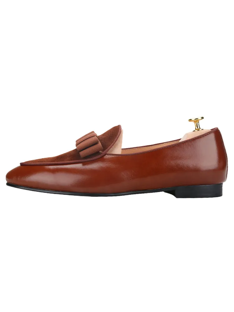 Tan first layer cowhide patchwork nubuck leather men's formal shoes British classic bow dance shoes loafers