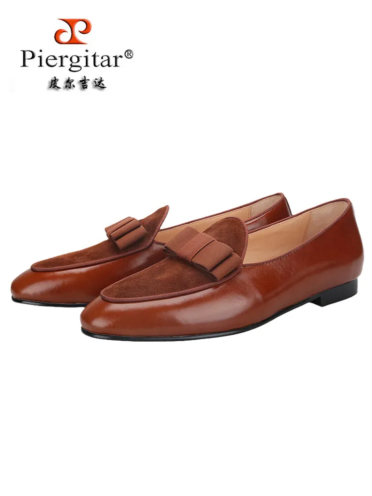 Tan first layer cowhide patchwork nubuck leather men's formal shoes British classic bow dance shoes loafers