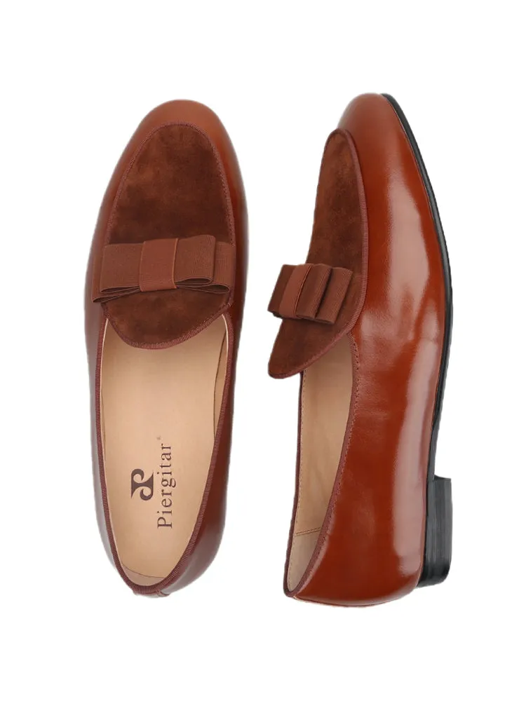 Tan first layer cowhide patchwork nubuck leather men's formal shoes British classic bow dance shoes loafers