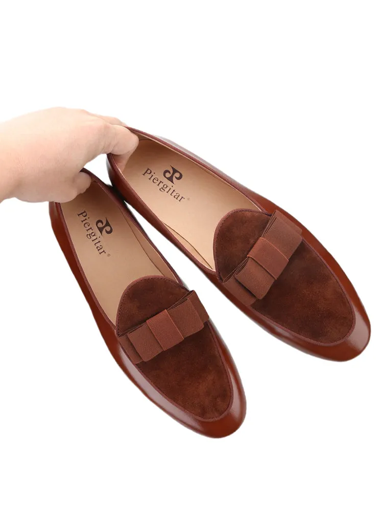 Tan first layer cowhide patchwork nubuck leather men's formal shoes British classic bow dance shoes loafers