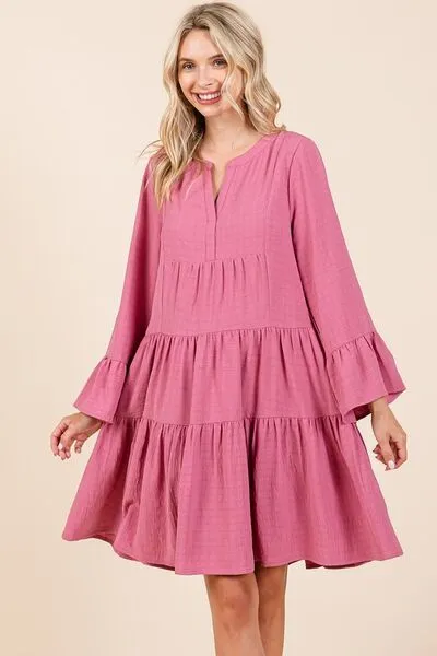 Tiered Notched Flare Sleeve Dress