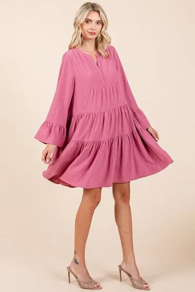 Tiered Notched Flare Sleeve Dress
