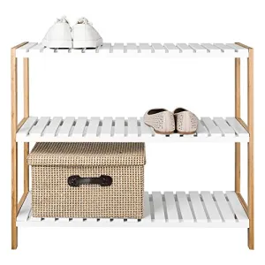 TopHomer 3 Tiers Bamboo Shoe Rack 12 Pairs Capacity Bench Shelf Storage Organizer Adjustable Sturdy Shoe Rack Shoe Holder Stand Rack Rise Shoes Unit Organizer for Hallway Entryway Living Room