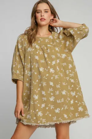 Umgee Raw Hem Floral Print Round Neck Denim Dress in Mocha