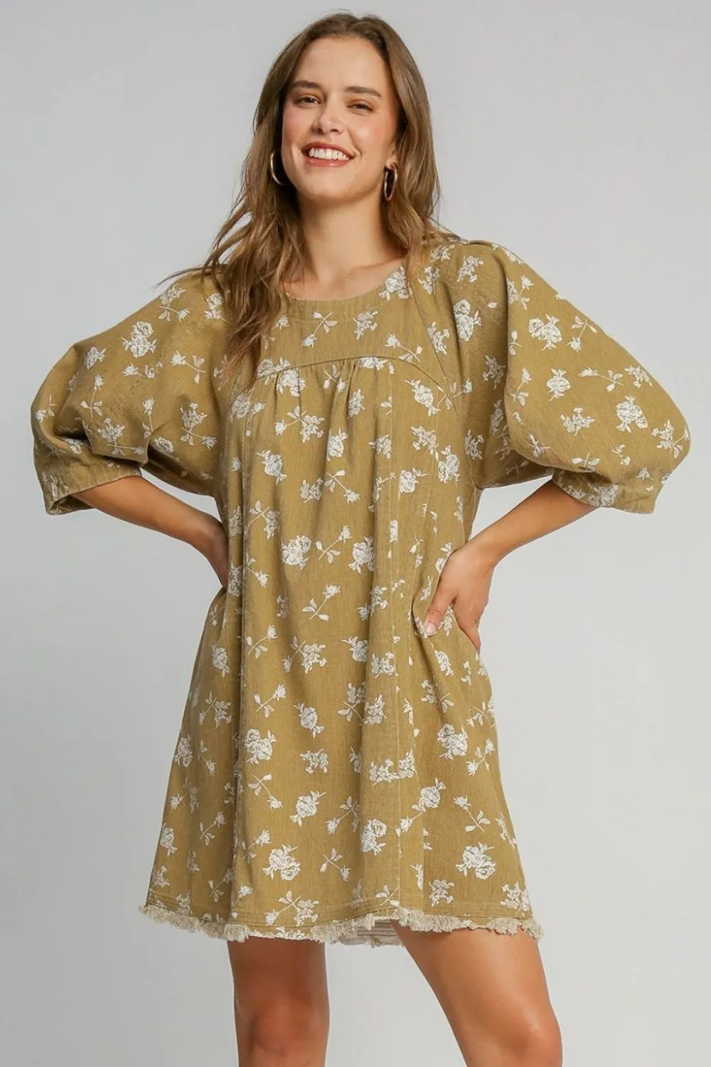 Umgee Raw Hem Floral Print Round Neck Denim Dress in Mocha