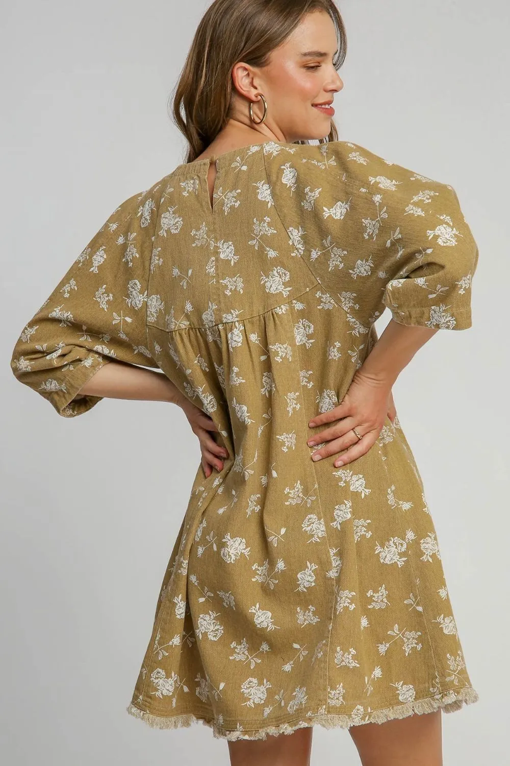 Umgee Raw Hem Floral Print Round Neck Denim Dress in Mocha