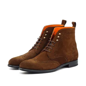 Unique Handcrafted Brown Lux Suede Military Style Brogue Boot