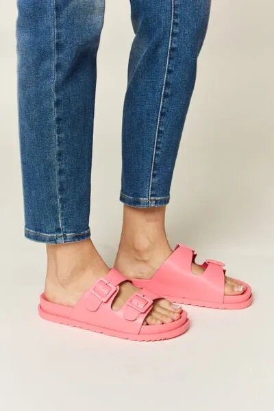 Vegan Leather Double Buckle Open Toe Sandals in Pink