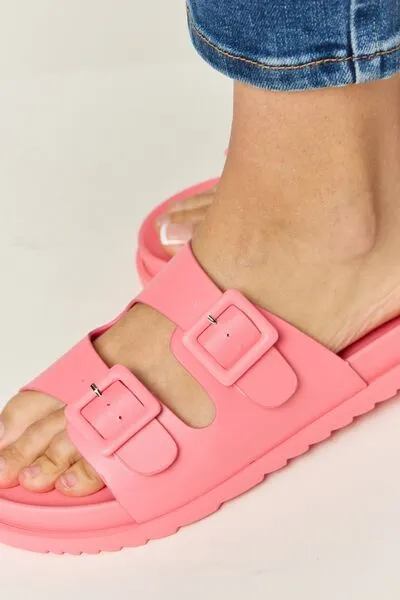 Vegan Leather Double Buckle Open Toe Sandals in Pink