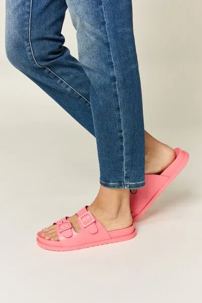 Vegan Leather Double Buckle Open Toe Sandals in Pink