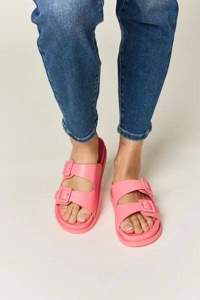 Vegan Leather Double Buckle Open Toe Sandals in Pink
