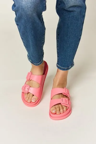Vegan Leather Double Buckle Open Toe Sandals in Pink