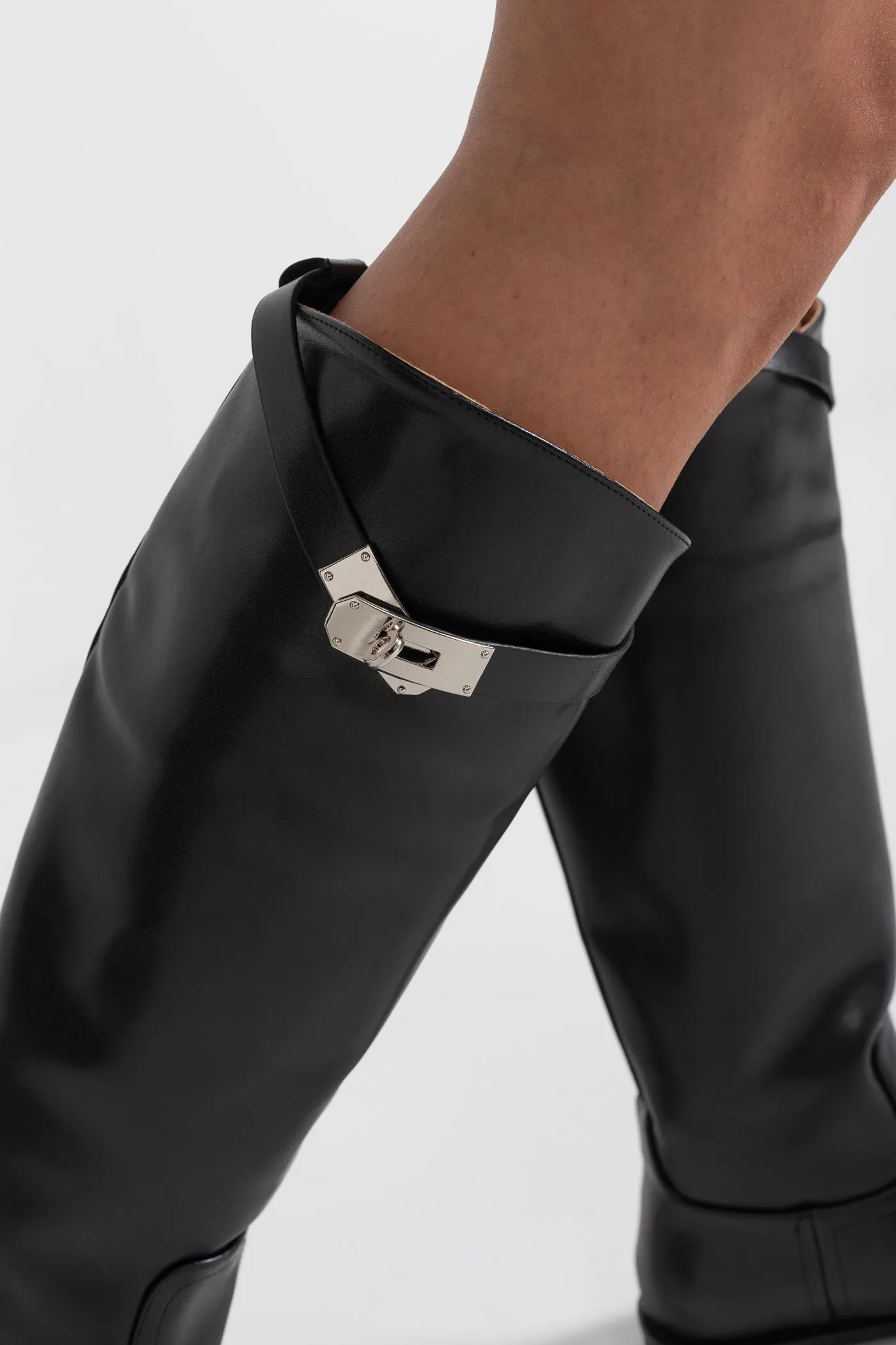 Vegan Leather Tall Boots With Decorative Top Strap - Black