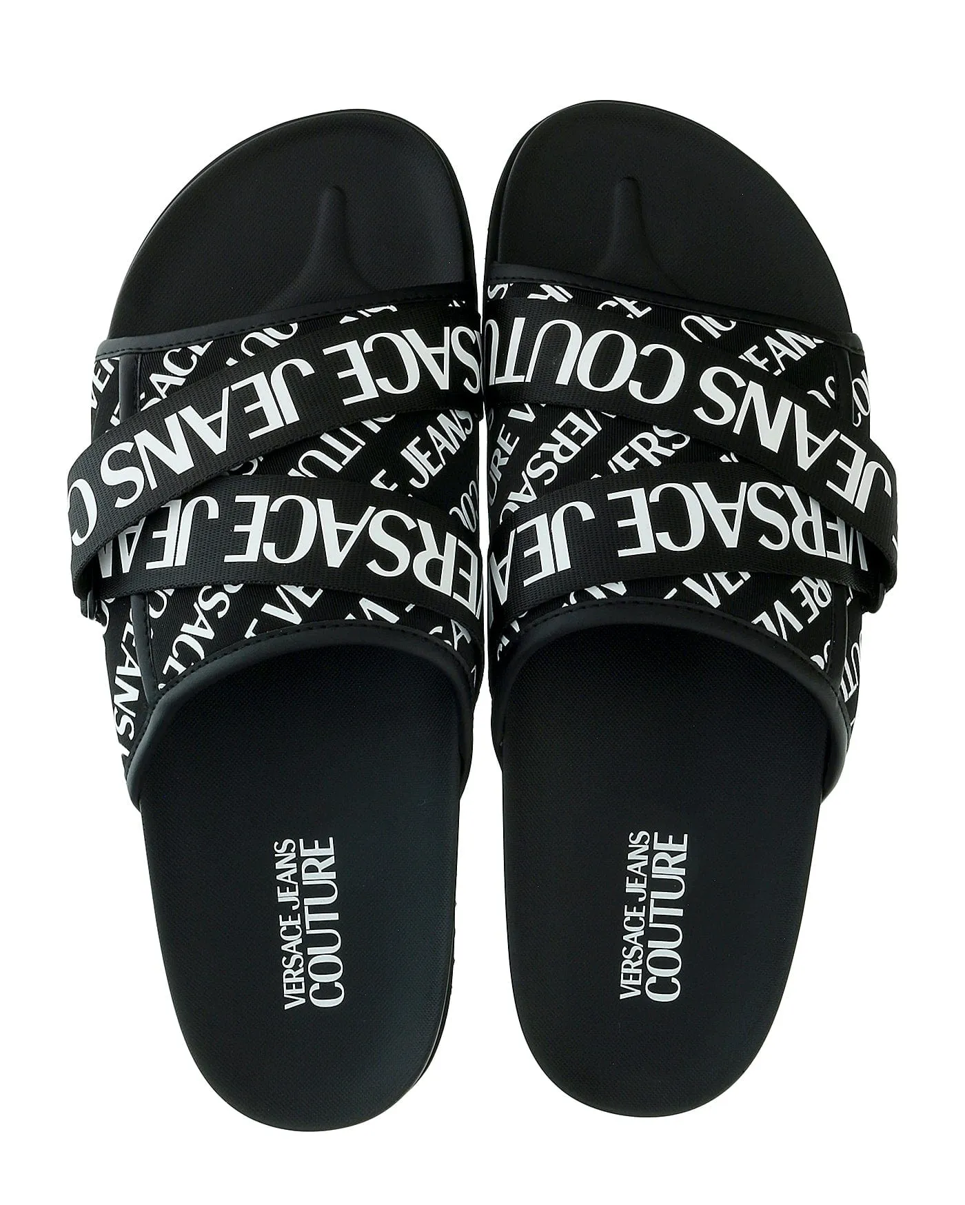 Versace Jeans Couture Black White Signature Print Wide Strap Sandals-