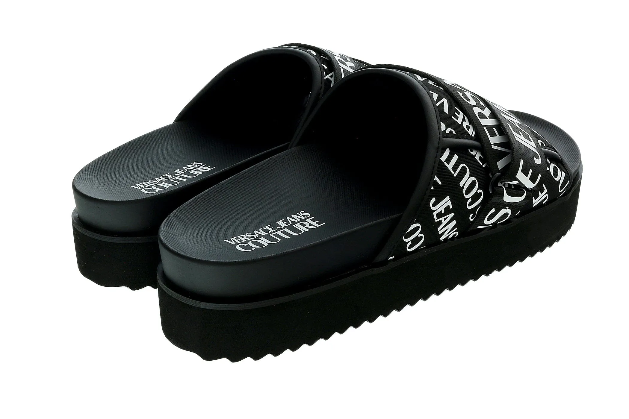 Versace Jeans Couture Black White Signature Print Wide Strap Sandals-
