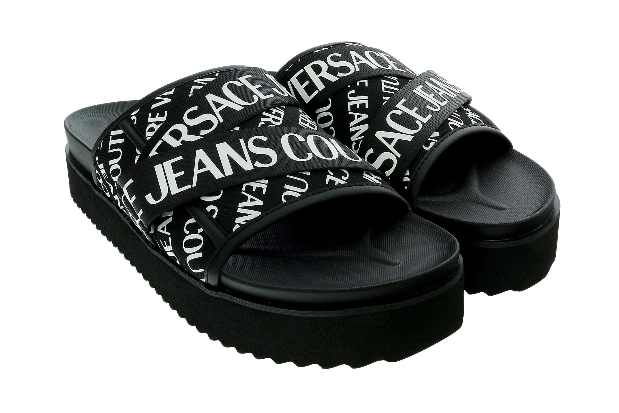 Versace Jeans Couture Black White Signature Print Wide Strap Sandals-