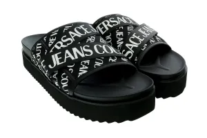 Versace Jeans Couture Black White Signature Print Wide Strap Sandals-