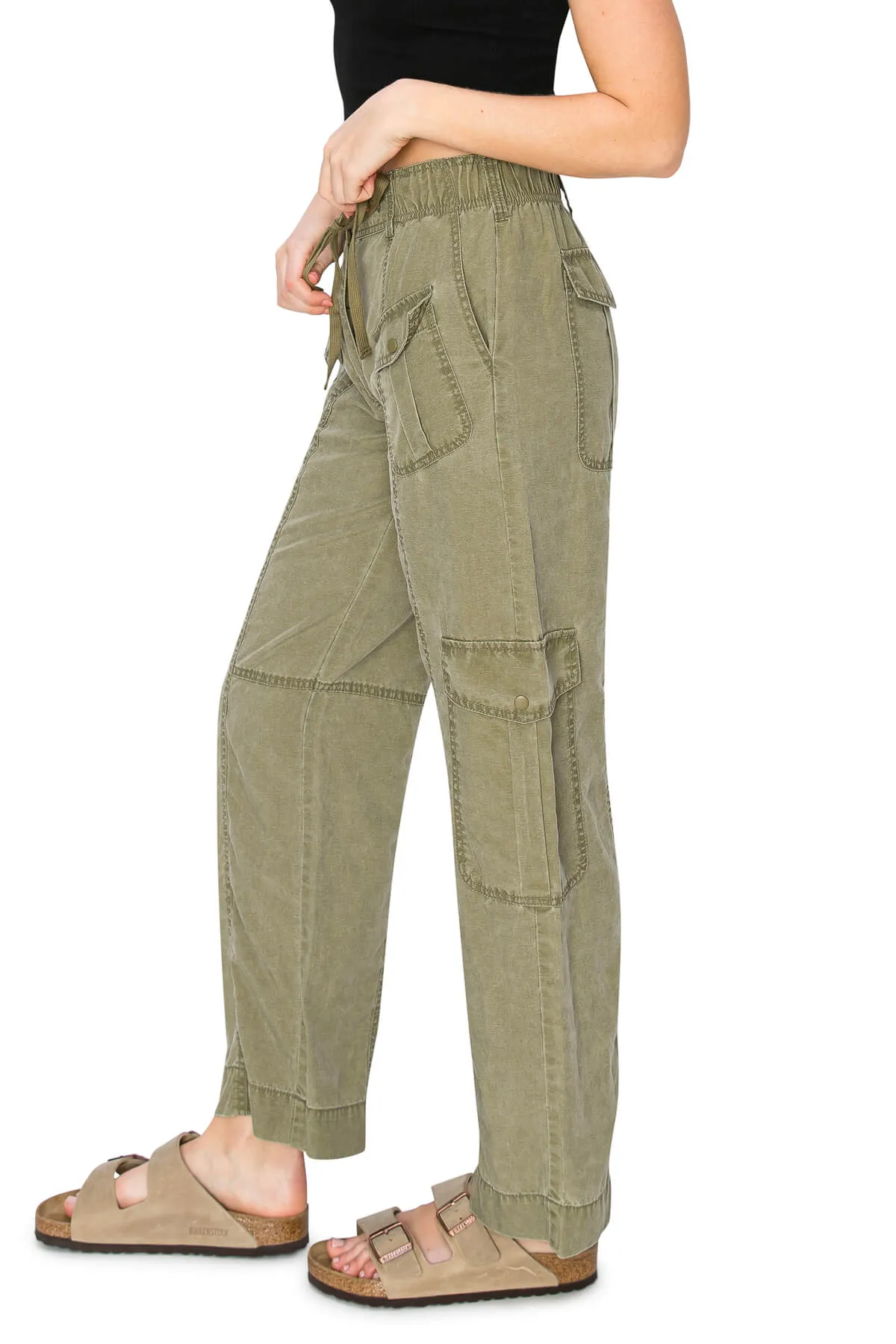 Washed Linen Cargo Pants - Olive