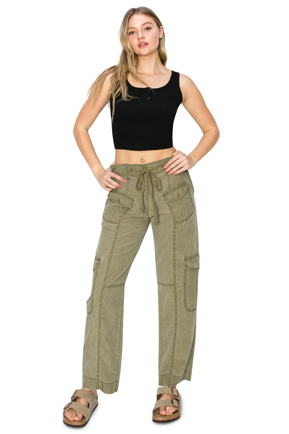 Washed Linen Cargo Pants - Olive