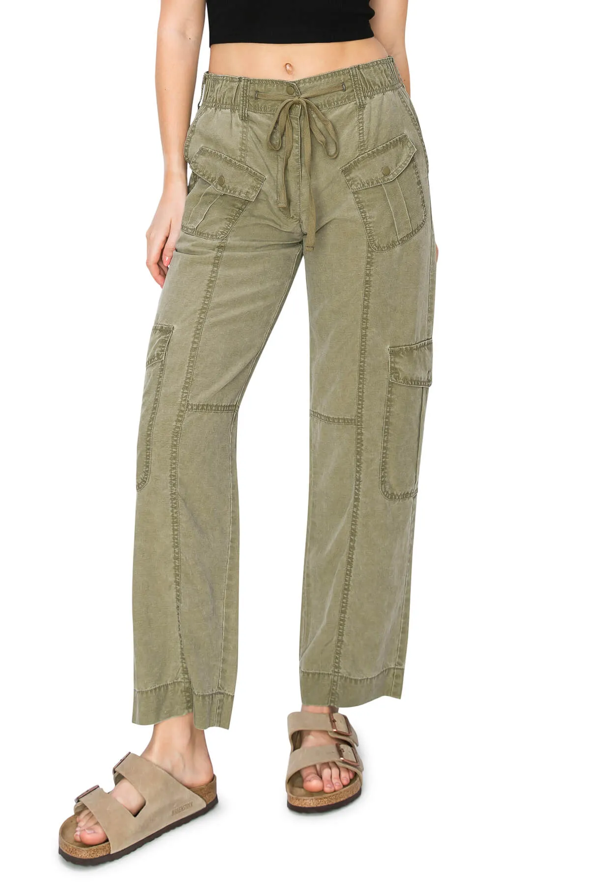 Washed Linen Cargo Pants - Olive