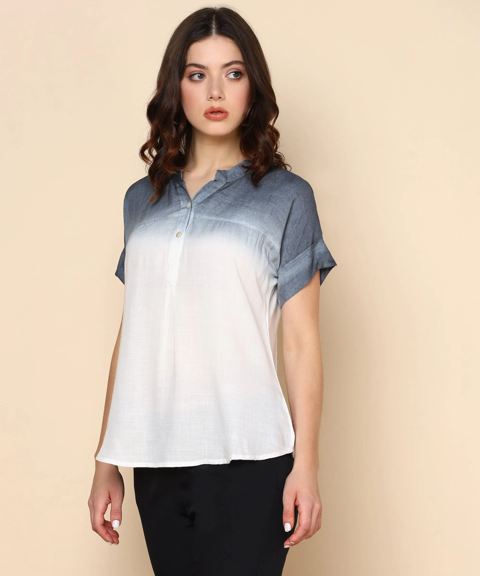 White and Smokey Grey Ombre Dyed Rayon Slub Top