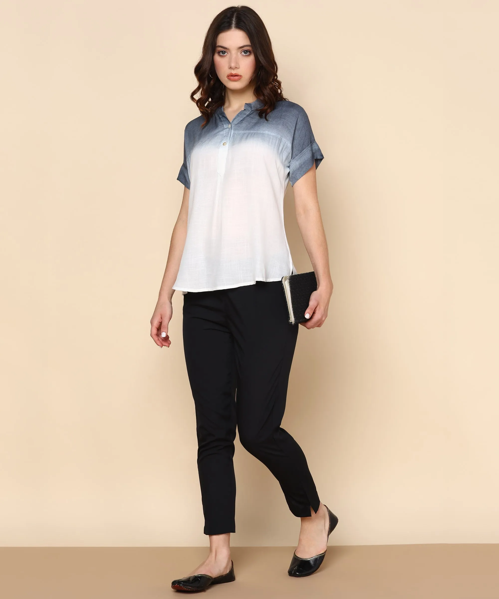 White and Smokey Grey Ombre Dyed Rayon Slub Top