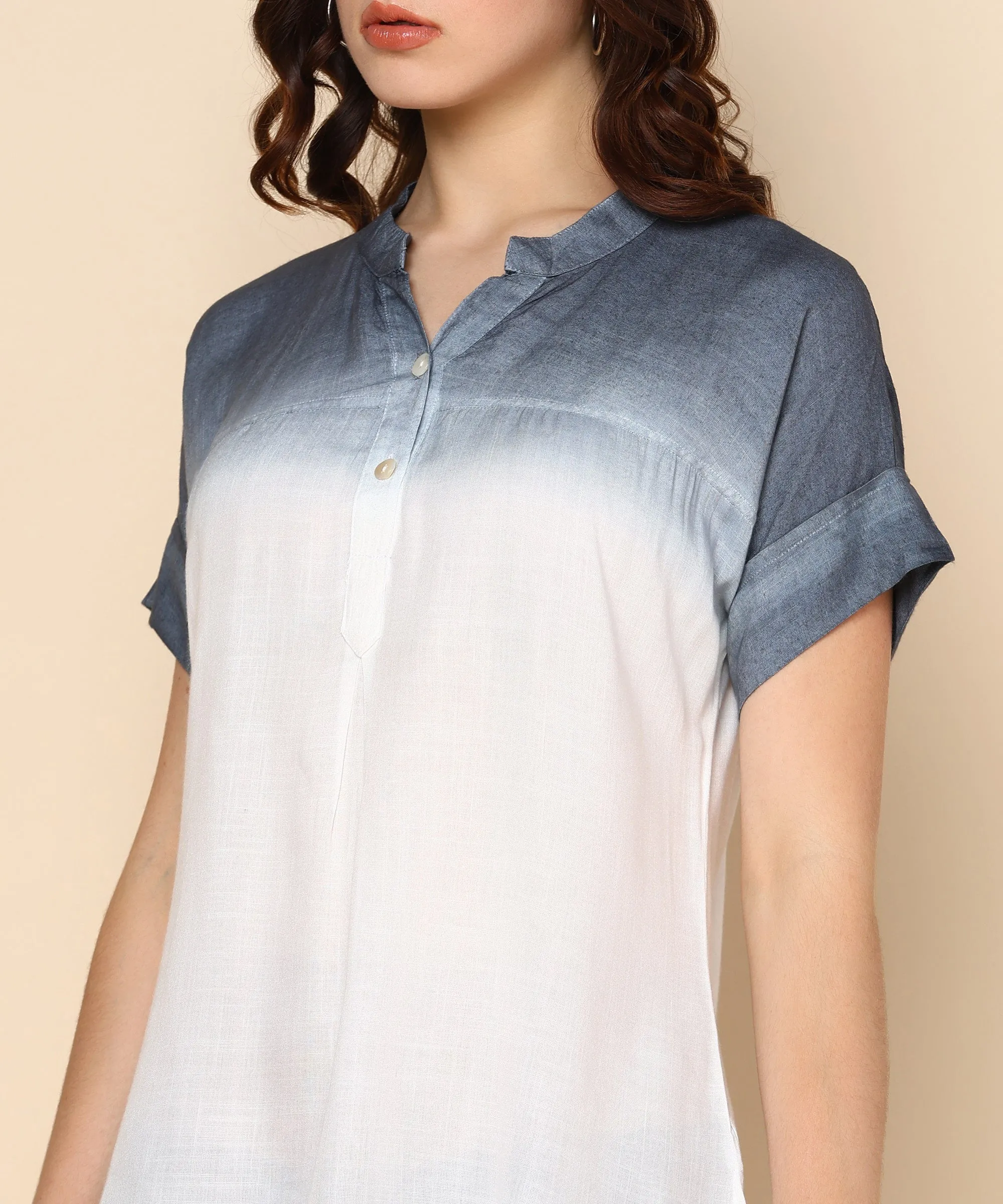 White and Smokey Grey Ombre Dyed Rayon Slub Top